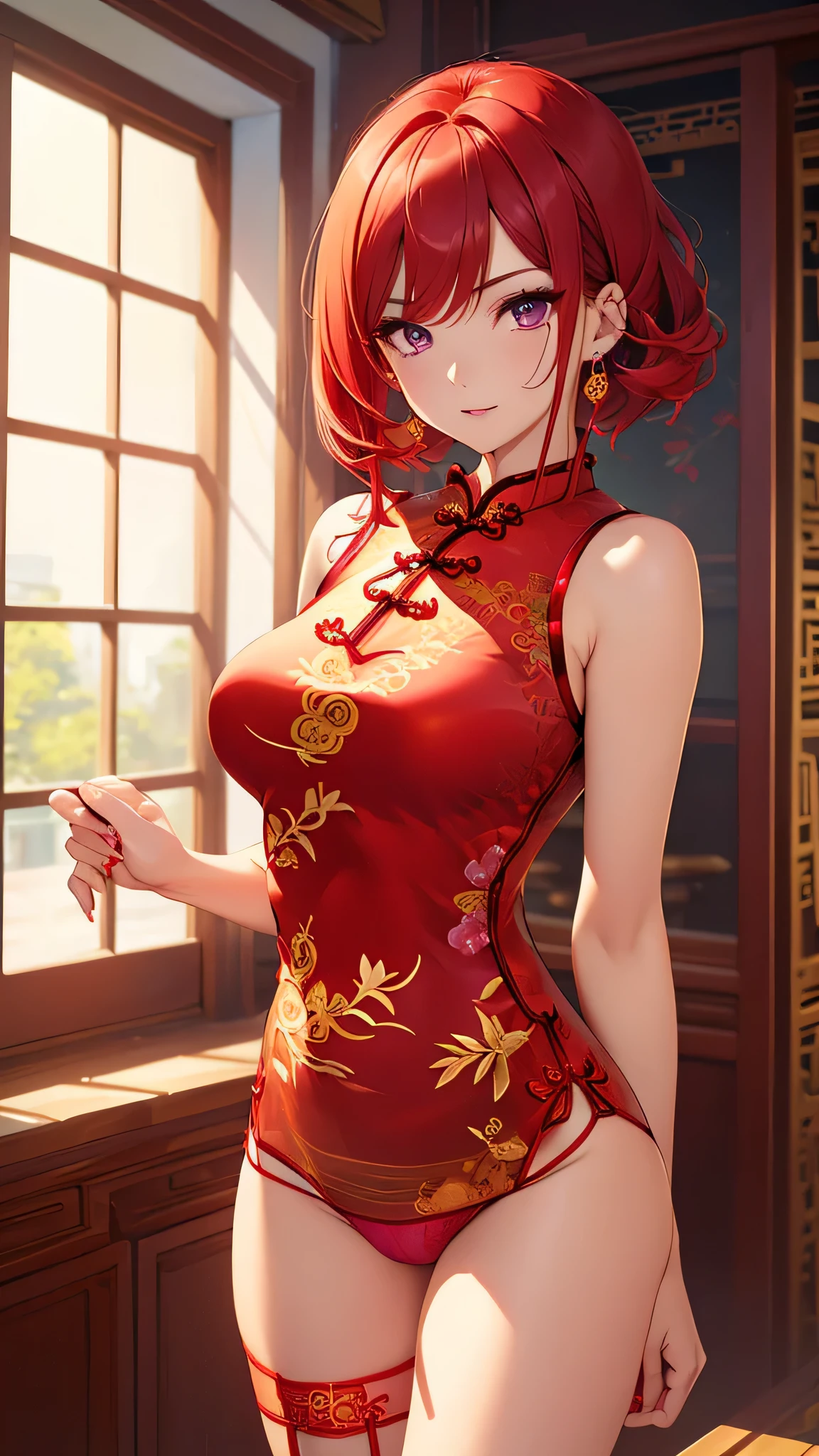 Highest quality、highest quality、Highest Resolution、beautiful girl, Bright red hair,Short Hair、Big Breasts、Hair clip, Detailed purple eyes, ((Red cheongsam like underwear:1.4)),Firm breasts,Gold Necklace、Golden earrings、In close range