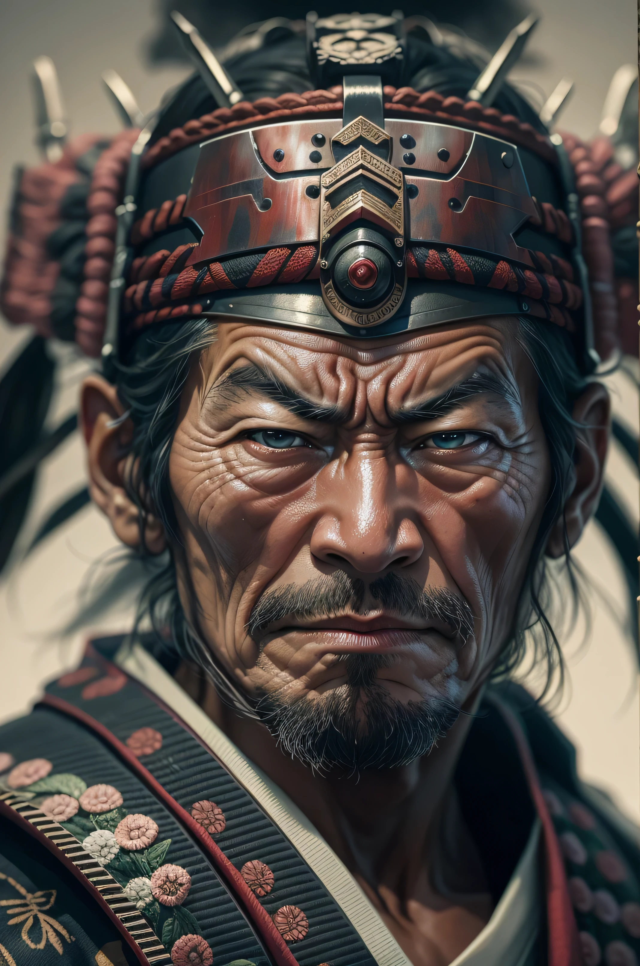 Realistic ultra HD close-up portrait,A samurai wearing a war mask, Wrinkles ,Facial expressions show strong emotions