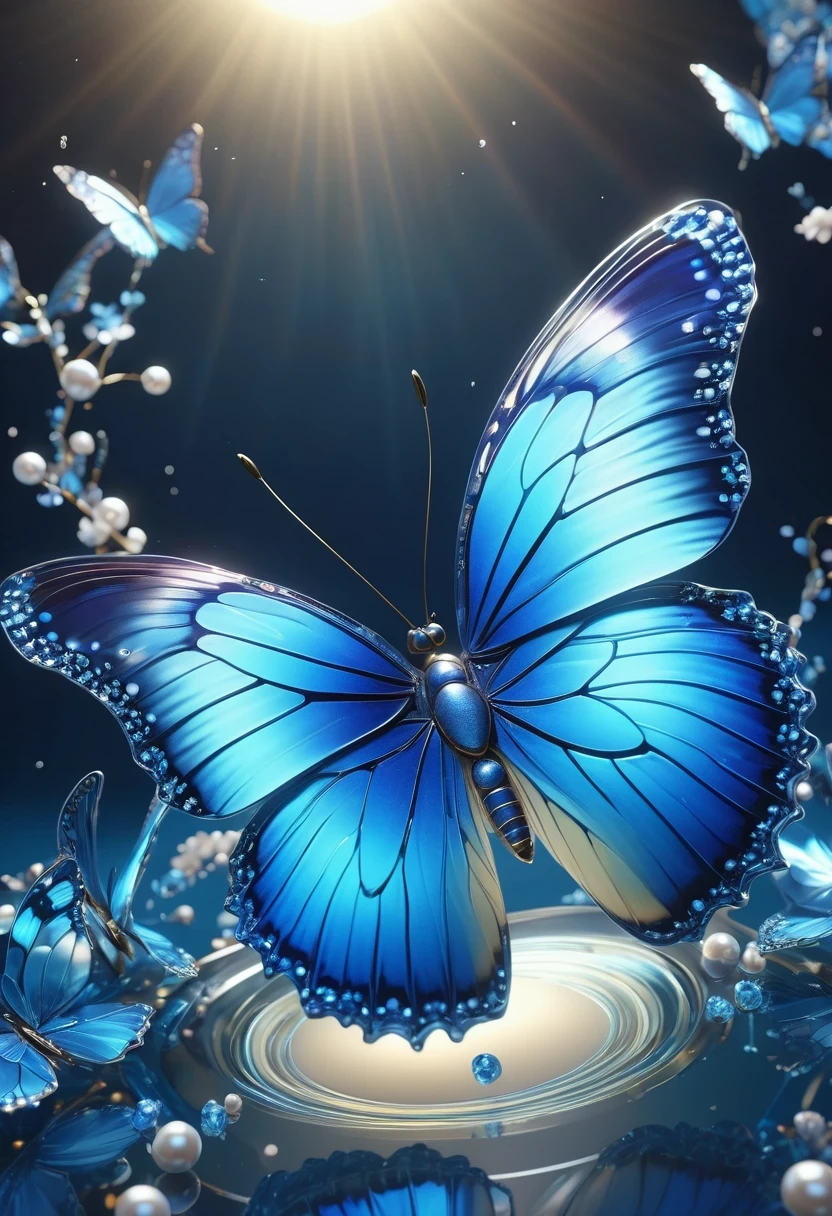 best quality,perfect masterpiece,Perfect work of art,Business,8k,Blue transparent butterfly，blue，Kaneko,Pearl hallucination,(The front is centered),(Centrosymmetric)，3S Materials,HD,Detailed performance,C4D,。.3D,Octane Rendering,Ray Tracing,Intricate details,Animated Lighting,Renderer,