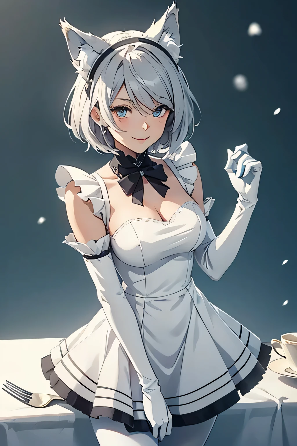 Tabletop Best image quality wonderful Attention to detail One Young Woman((Adult))Anime Style White maid outfit(Bodysuit) snow-white gloves(Elbow Gloves) White Pantyhose(Plain) Wolf Ears short hair((Shortcuts)(Gray Hair)(Curly Hair)(fluffy)) smile(Happy) Eye color is blue background(Cafe)