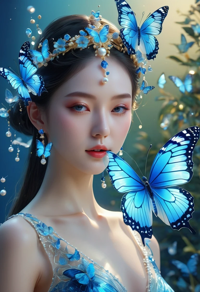 best quality,perfect masterpiece,Perfect work of art,Business,8k,Blue transparent butterfly，blue，Kaneko,Pearl hallucination,(The front is centered),(Centrosymmetric)，3S Materials,HD,Detailed performance,C4D,。.3D,Octane Rendering,Ray Tracing,Intricate details,Animated Lighting,Renderer,