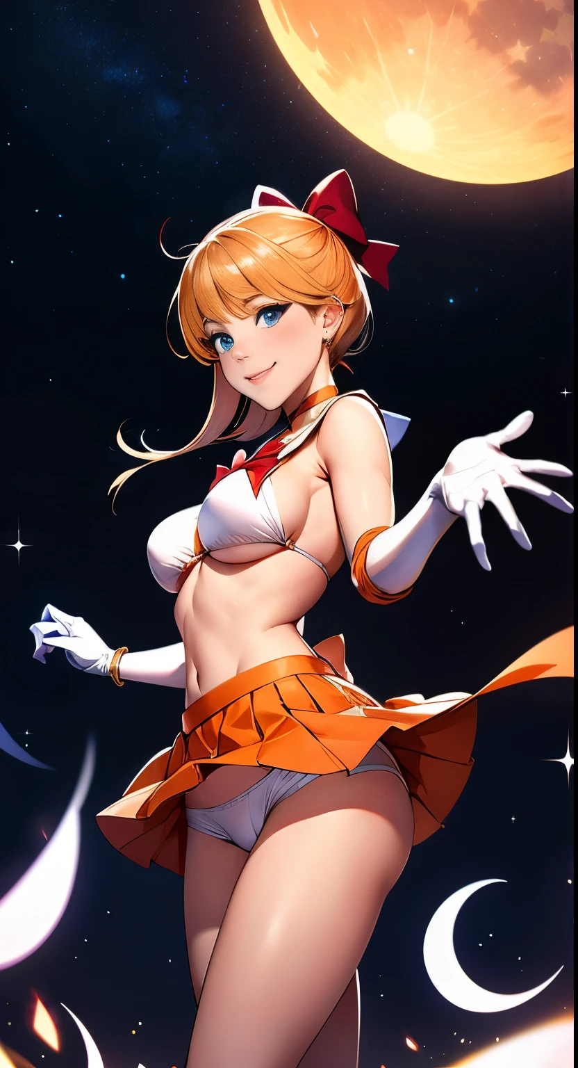 Tabletop, highest quality, High resolution, SV1, Sailor Warrior Uniforms, Orange Skirt, ミニスカートから見えるWhite panties、Bikini pants、White shorts seen from the white shorts view、Elbow Groove, Tierra, Pleated skirt, Flip up a miniskirt, White panties、Beautiful panties Beautiful camel toe、Red Bow, Orange Choker, White gloves, jewelry, Starry Sky, Cool pose, smile, Portraiture, floating, moon, Upper Body