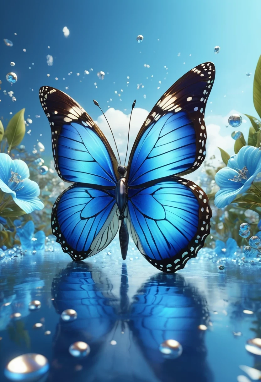 best quality,perfect masterpiece,Perfect work of art,Business,8k,Blue transparent butterfly，blue，Kaneko,Pearl hallucination,(The front is centered),(Centrosymmetric)，3S Materials,HD,Detailed performance,C4D,。.3D,Octane Rendering,Ray Tracing,Intricate details,Animated Lighting,Renderer,