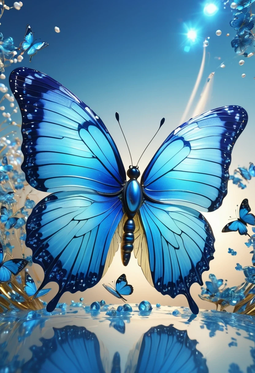 best quality,perfect masterpiece,Perfect work of art,Business,8k,Blue transparent butterfly,blue,Kaneko,Pearl hallucination,(The front is centered),(Centrosymmetric),3S Materials,HD,Detailed performance,C4D,。.3D,Octane Rendering,Ray Tracing,Intricate details,Animated Lighting,Renderer,