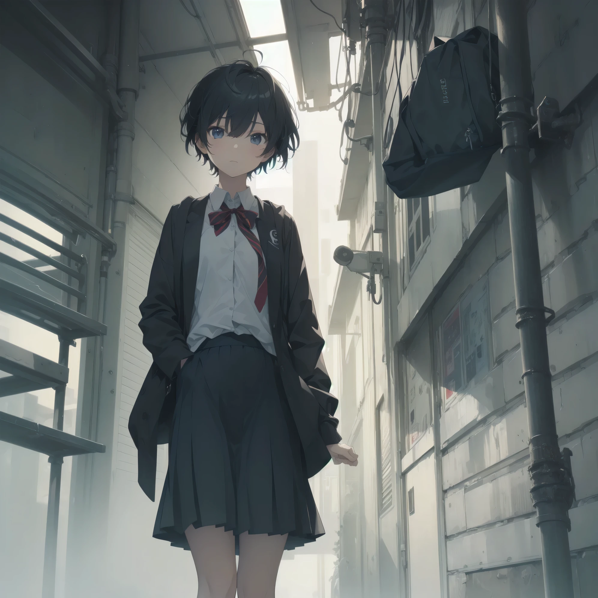 ultra-absurdres-Top quality by artist God, ultra-detailed, high resolution, anime moe artstyle, best anime 8k konachan wallpaper, pixiv contest winner, pool:2810, perfect ???????,break, 1girl, (Please draw a girl walking sleepily to school alone. )break,(Solo,little female, 13-year-old:1.3),Full limbs, complete fingers,a junior high school student,  (very short hair), short cut, flat chest, , small butt, small black eyes, beautiful detailed eyes, well-proportioned iris and pupils, expressive eyes, highres detailed hair, soft expression, school_uniform, bowtie, collared shirt.  pleated skirt,(Detailed Lighting), (Detailed background), in the School commute route. break,super detailed skin, Best cinematic lighting powered by famous artist, 8k,beauty illustration,photoshop_(medium),very aesthetic,break,((artist:ningen mame )), artist:bolze ,artist:oyari ashito ,artist:kantoku ,