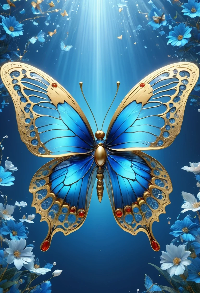best quality,perfect masterpiece,Perfect work of art,Business,8k,Blue transparent butterfly,blue,Kaneko,Pearl hallucination,(The front is centered),(Centrosymmetric),3S Materials,HD,Detailed performance,C4D,。.3D,Octane Rendering,Ray Tracing,Intricate details,Animated Lighting,Renderer,