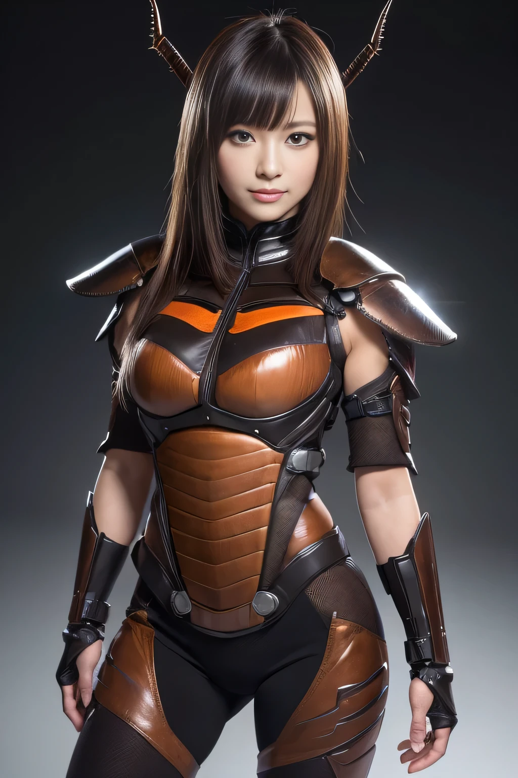 (high resolution,masterpiece,best quality,extremely detailed CG, anime, official art:1.4), realistic, photo, amazing fine details, all intricate, gloss and shiny,awesome many layers, 8k wall paper, 3d, sketch, kawaii, illustration,( solo:1.4), perfect female proportion,villainess, (fusion of dark brown cockroach and lady:1.4), (brown cockroach form lady:1.2), (brown cockroach lady:1.2), (fusion:1.2), (solo:1.4), (evil smile:1.2), muscular, abs, (cockroach brown exoskeleton bio insect suit:1.4), (cockroach brown exoskeleton bio insect armor:1.2), (brown transparency cockroach wing:1.4), (brown cockroach antennae:1.3),