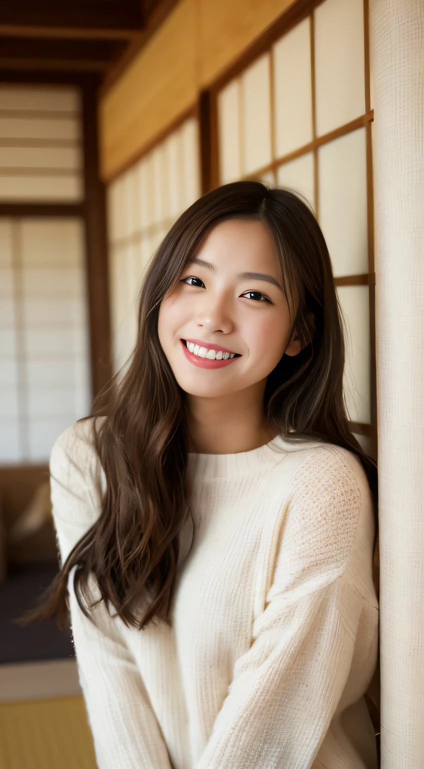 masterpiece,best quality,(Japanese ),((Beautiful girl)),indoor,(perfect body beauty:1.2),(shy smile),beautiful teeth,