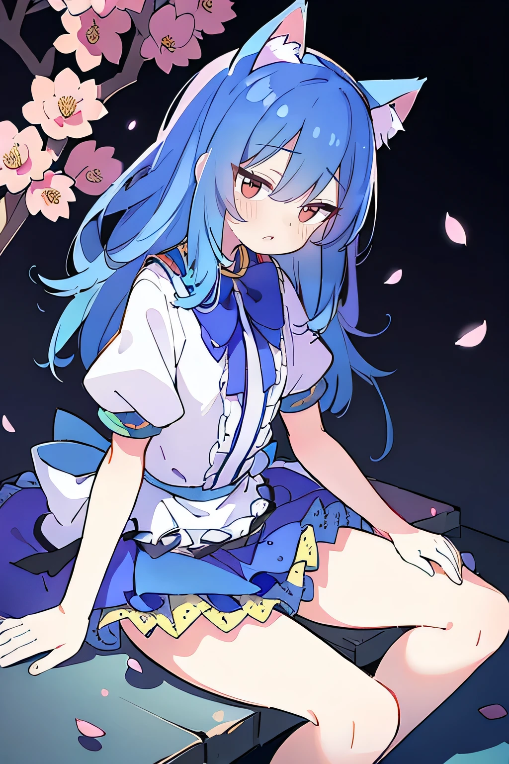 (masterpiece:1.2),ultra-detailed,realistic,expressive eyes,fair-skinned,perfectly shaped face,1girl,
Japanese cartoons,Gorgeous blue hair, flowing blue hair,floating clothes,cat ears,petals falling,beautiful Lola,Hina Angel,
hands on waist,gracefully sitting on the ground,legs crossed,gentle and serene background,cool and comfortable pavilion,night ,
