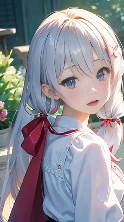 Anime girl with pink hair and a ribbon in her hair, Cute realistic portrait, 髪の毛はSilver、Gweitz, Magical Girl Portrait, Cute Characters, Cute art style, Anime Moe Art Style, MapleStory character art, cute portrait, Cute Anime Girl Portrait, Small person portrait, artwork in the style of Gweitz, Splash Art Anime ,((Lace blouse、See-through、See-throughのワンピースの水着、White ilver、Long twin tails、bird、Wind、