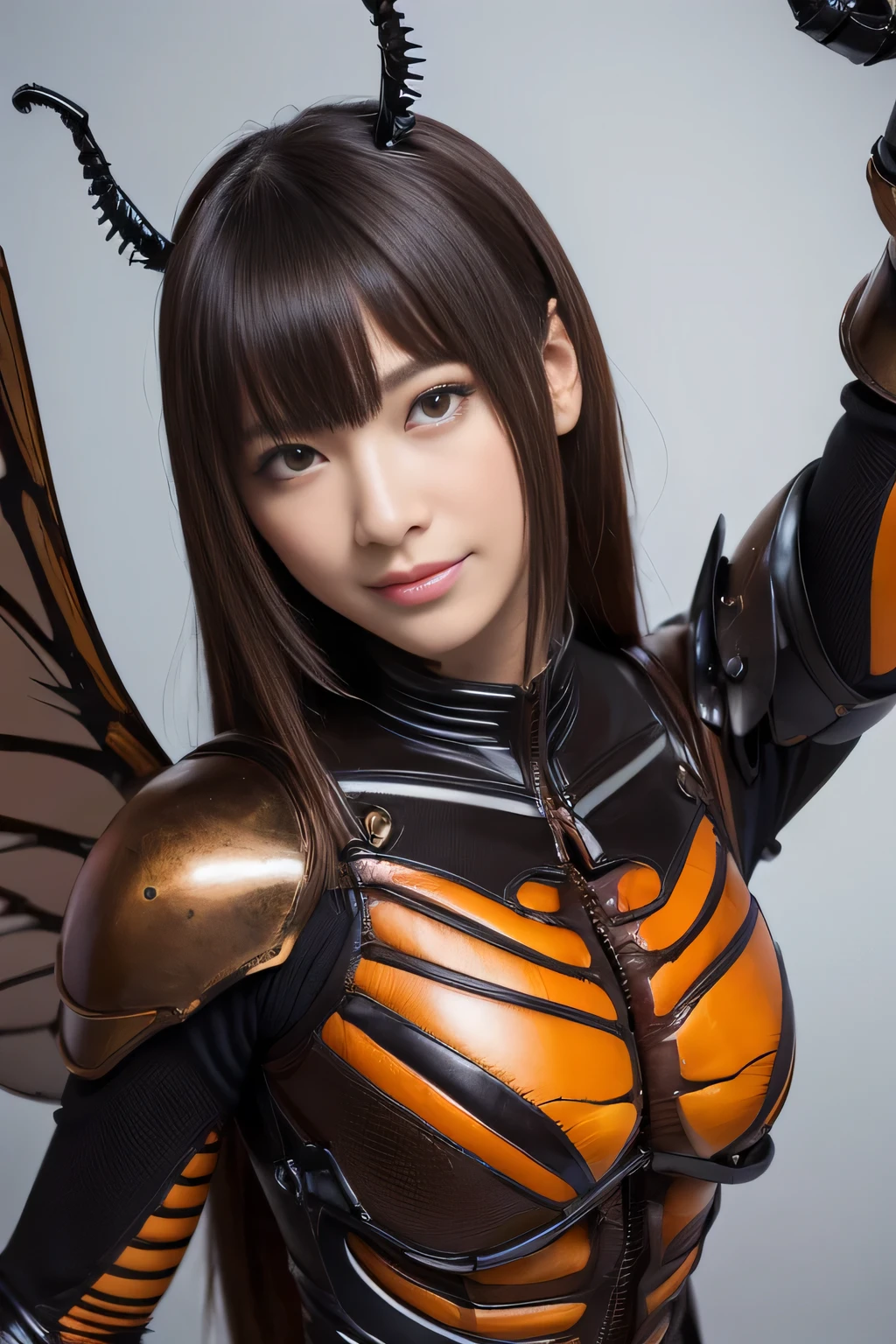 (high resolution,masterpiece,best quality,extremely detailed CG, anime, official art:1.4), realistic, photo, amazing fine details, all intricate, gloss and shiny,awesome many layers, 8k wall paper, 3d, sketch, kawaii, illustration,( solo:1.4), perfect female proportion,villainess, (fusion of dark brown cockroach and lady:1.4), (brown cockroach form lady:1.2), (brown cockroach lady:1.2), (fusion:1.2), (solo:1.4), (evil smile:1.2), muscular, abs, (cockroach brown exoskeleton bio insect suit:1.4), (cockroach brown exoskeleton bio insect armor:1.2), (brown transparency cockroach wing:1.4), (brown cockroach antennae:1.3),