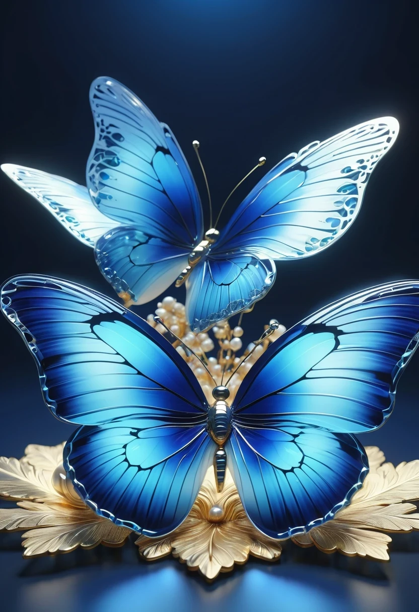 best quality,perfect masterpiece,Perfect work of art,Business,8k,Blue transparent butterfly,blue,Kaneko,Pearl hallucination,(The front is centered),(Centrosymmetric),3S Materials,HD,Detailed performance,C4D,。.3D,Octane Rendering,Ray Tracing,Intricate details,Animated Lighting,Renderer,