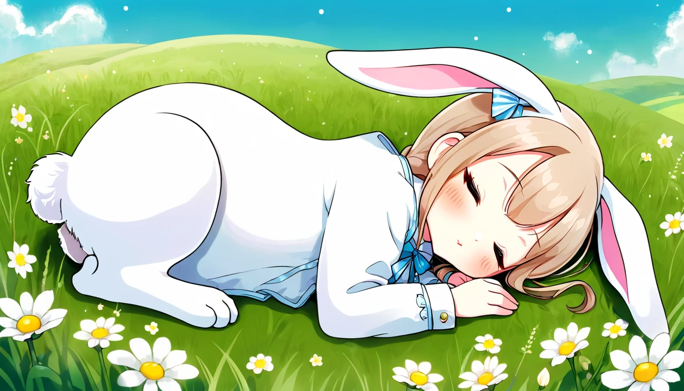 cute ふわふわ, Original Chibi Rabbit, fantasy, cute, rabbit,An illustration, grassland,Girly Bunny,Sleeping peacefully,