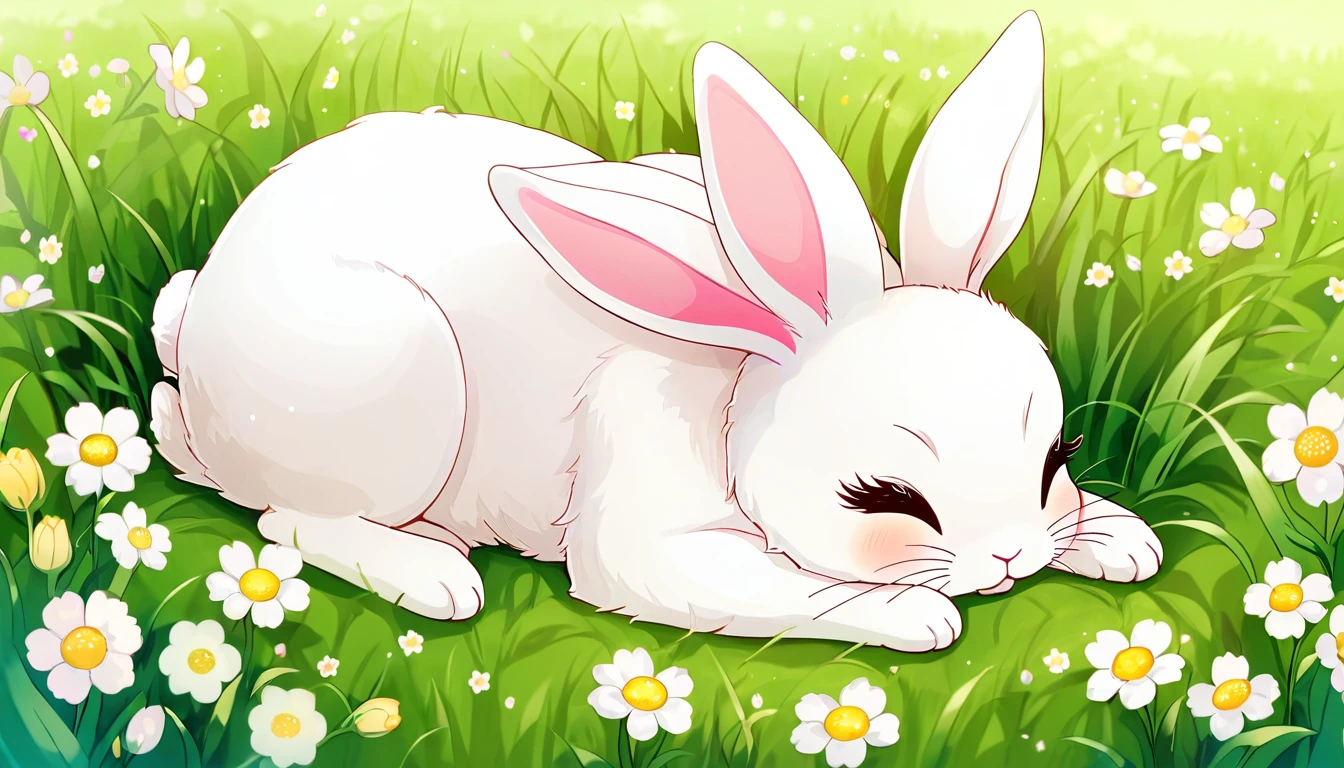 cute ふわふわ, Original Chibi Rabbit, fantasy, cute, rabbit,An illustration, grassland,Girly Bunny,Sleeping peacefully,