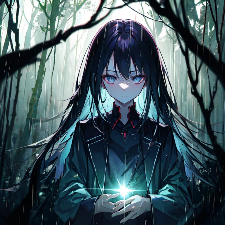 Dark shadow of a young man、Backlight、Devastated、Rainy forest、Dark Background、Like the end of the world