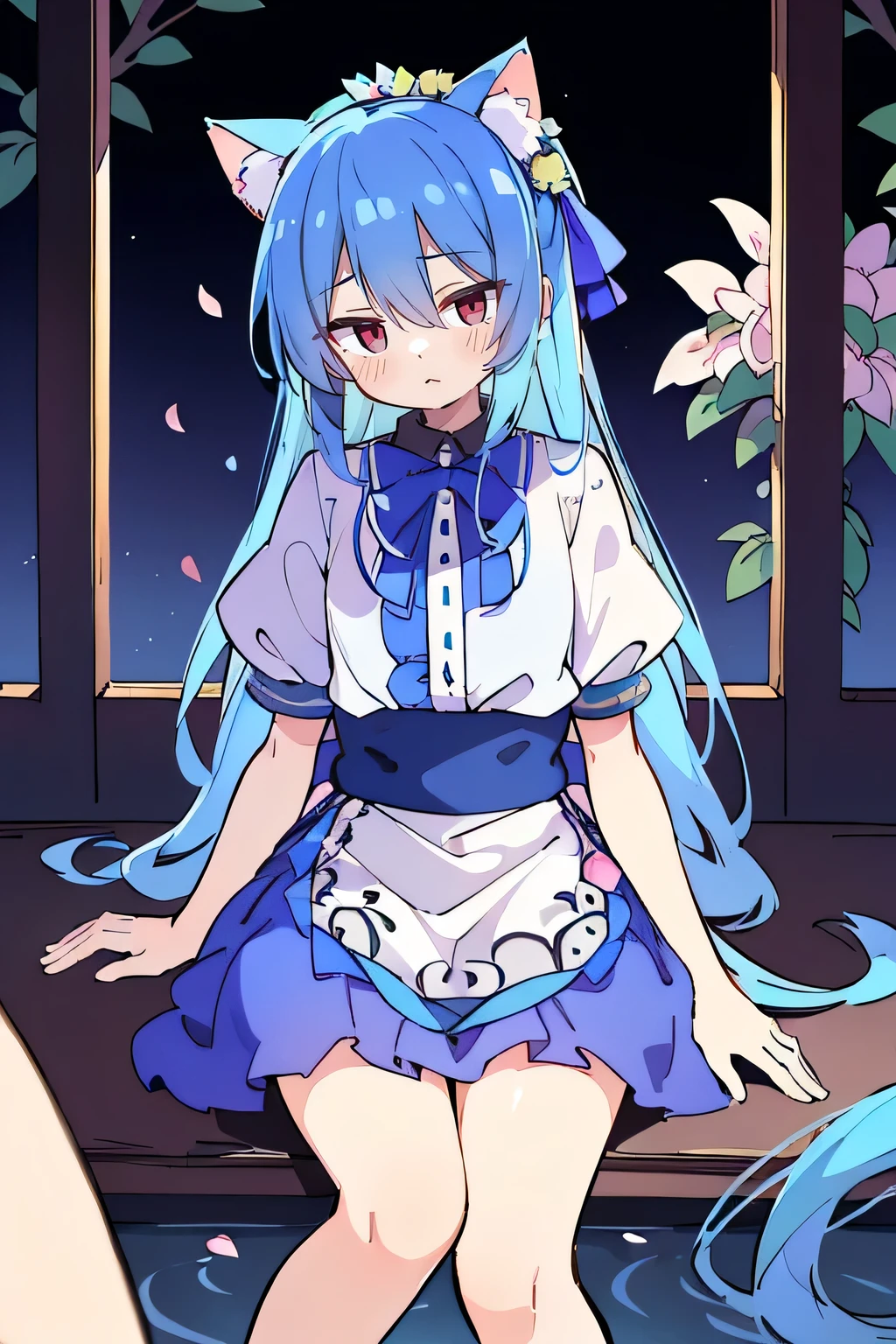 (masterpiece:1.2),ultra-detailed,realistic,expressive eyes,fair-skinned,perfectly shaped face,1girl,
Japanese cartoons,Gorgeous blue hair, flowing blue hair,floating clothes,cat ears,petals falling,beautiful Lola,Hina Angel,
hands on waist,gracefully sitting on the ground,legs crossed,gentle and serene background,cool and comfortable pavilion,night ,