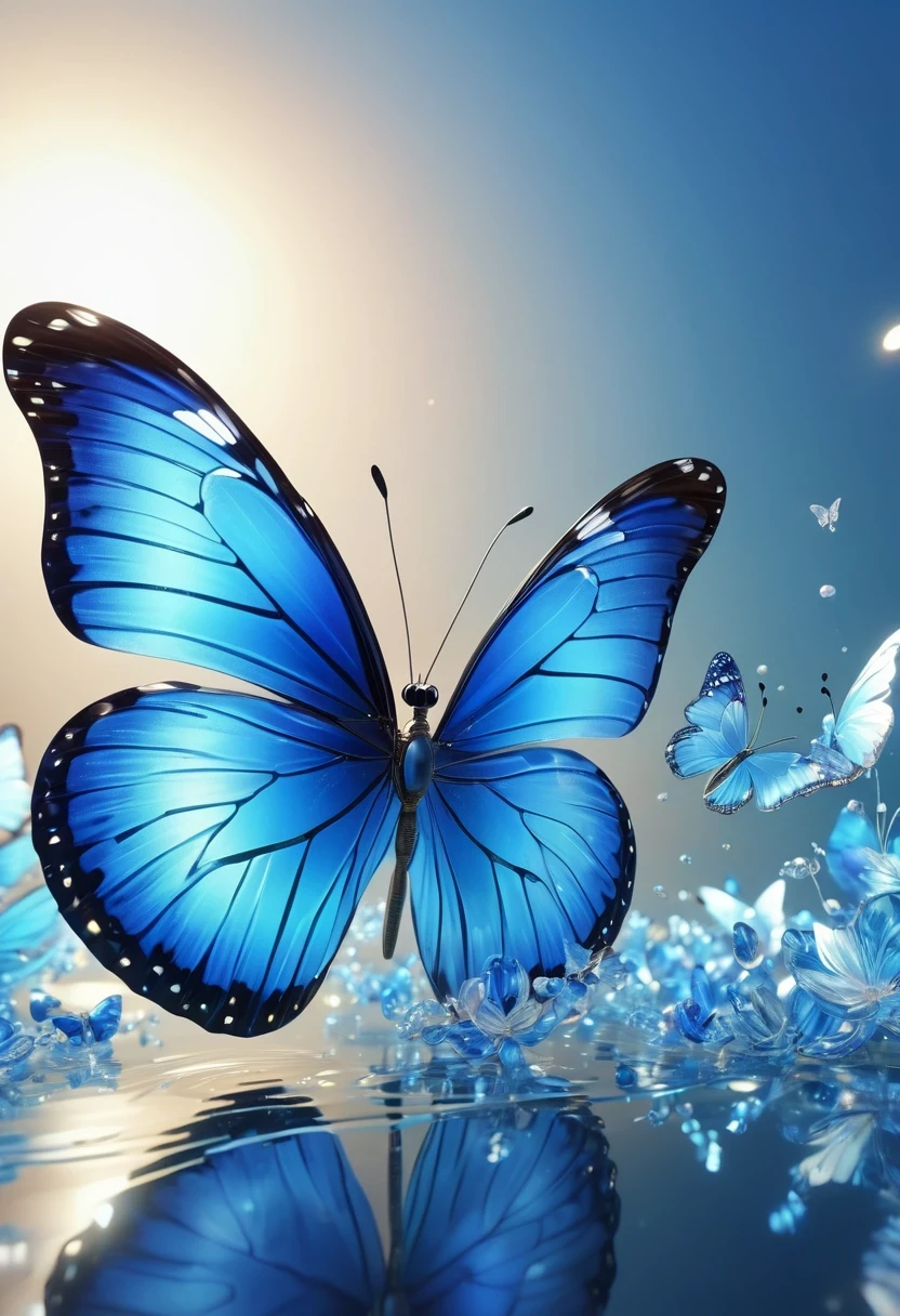 best quality,perfect masterpiece,Perfect work of art,Business,8k,Blue transparent butterfly,blue,Kaneko,Pearl hallucination,(The front is centered),(Centrosymmetric),3S Materials,HD,Detailed performance,C4D,。.3D,Octane Rendering,Ray Tracing,Intricate details,Animated Lighting,Renderer,