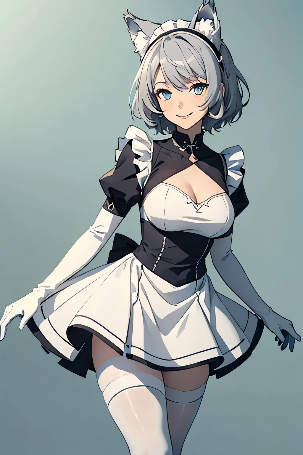 Tabletop Best image quality wonderful Attention to detail One Young Woman((Adult))Anime Style White maid outfit(Bodysuit) snow-white gloves(Elbow Gloves) White Pantyhose(Plain) Wolf Ears short hair((Shortcuts)(Gray Hair)(Curly Hair)(fluffy)) smile(Happy) Eye color is blue background(Cafe)