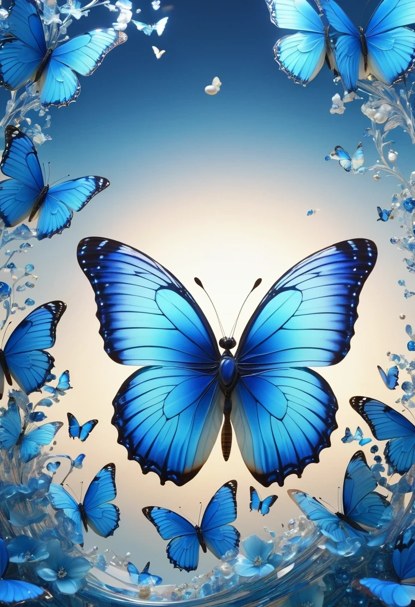 best quality,perfect masterpiece,Perfect work of art,Business,8k,Blue transparent butterfly,blue,Kaneko,Pearl hallucination,(The front is centered),(Centrosymmetric),3S Materials,HD,Detailed performance,C4D,。.3D,Octane Rendering,Ray Tracing,Intricate details,Animated Lighting,Renderer,