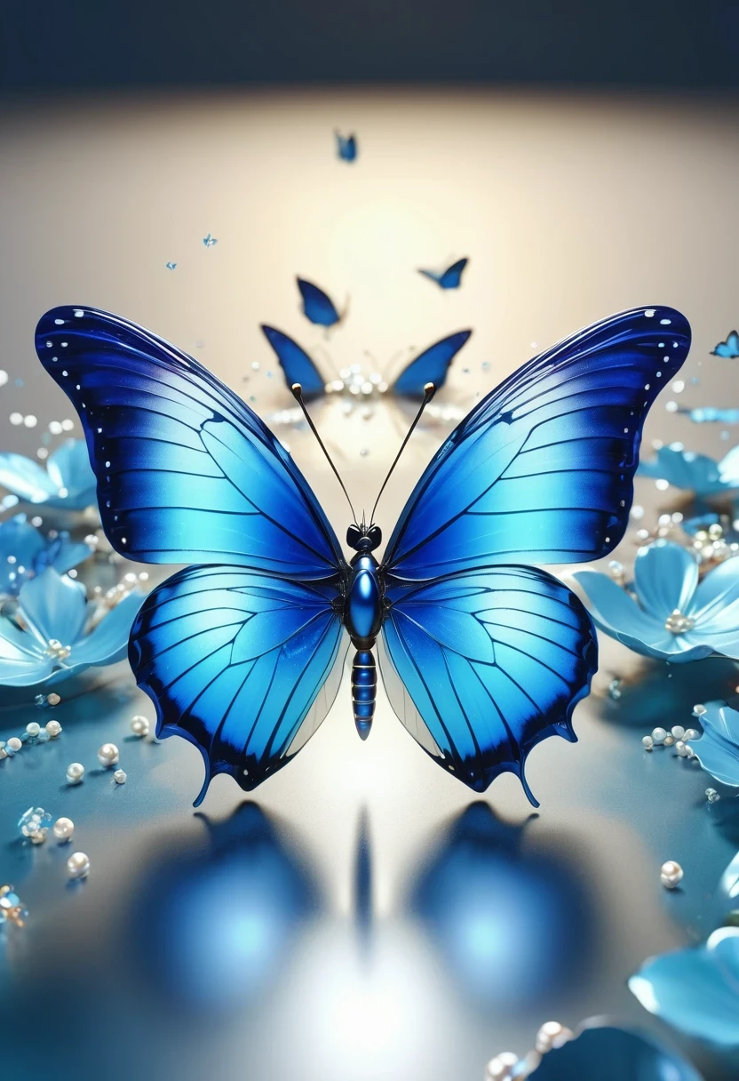 best quality,perfect masterpiece,Perfect work of art,Business,8k,Blue transparent butterfly，blue，Kaneko,Pearl hallucination,(The front is centered),(Centrosymmetric)，3S Materials,HD,Detailed performance,C4D,。.3D,Octane Rendering,Ray Tracing,Intricate details,Animated Lighting,Renderer,