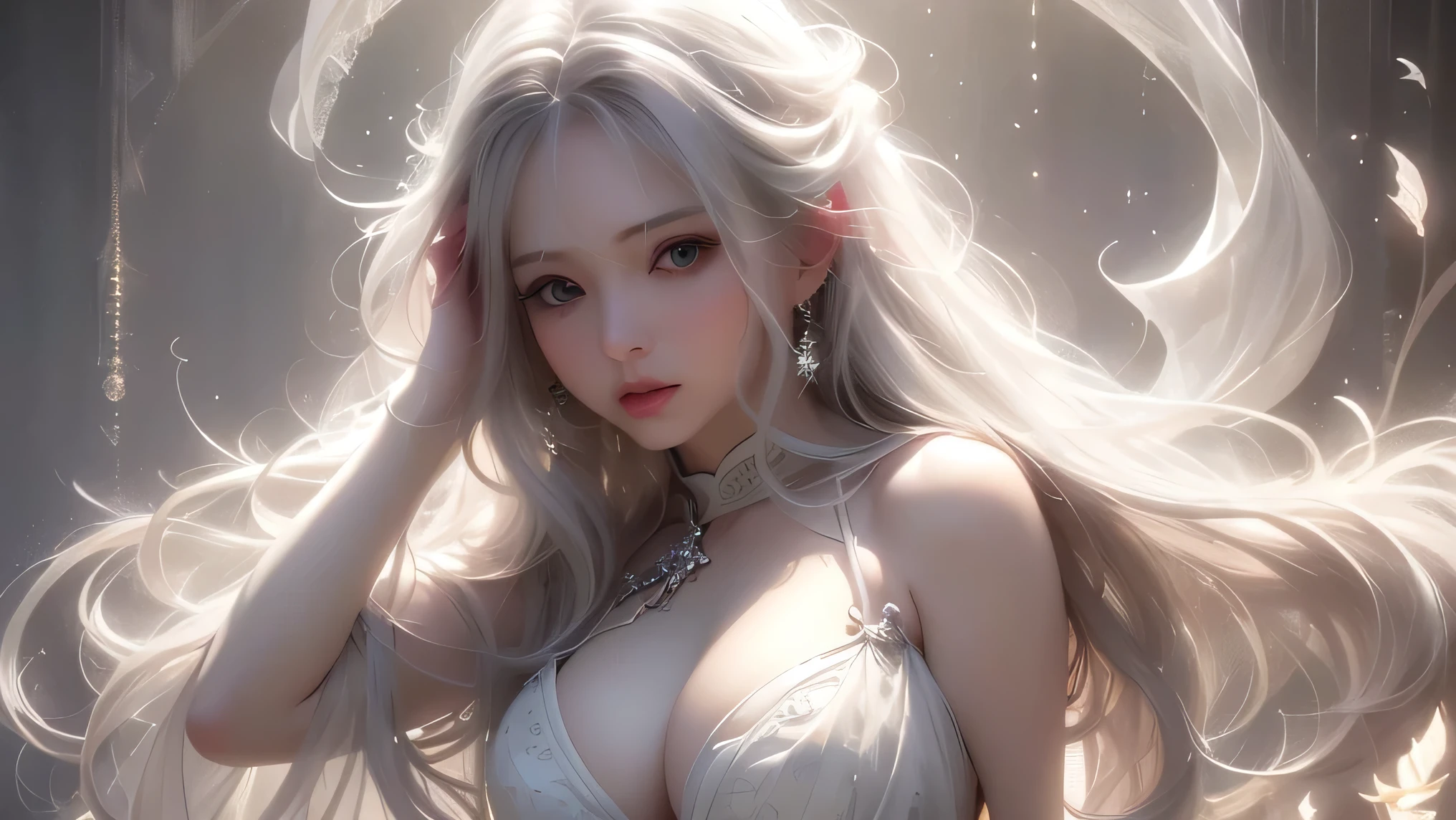 (White Wings 1.2),(White feathers falling in the background 1.1), ((masterpiece)), (detailed:1.4),Realistic、 Beautiful Woman Images,High resolution(High Dynamic Range),Ray Tracing,NVIDIA,Super Resolution,PBR Textures,Post-processing,Anisotropic Filtering,Maximum depth of field resolution and crisp layer textures,Albedo and Specular Maps,Surface Shading,Accurate simulation of material interactions,Perfect balance,Rendering with Octane,2-color light,Large Diameter,Low ISO,White balance,Rule 3 points、8K raw data、Backlight、Beautiful white and shining skin、Gray hair that changes with light、Long bangs obstruct the view、Highlights of cheek luster、Sexy and very beautiful and adorable face、The most beautiful face in the world、Super long and gorgeous white hair、Smooth straight hair、WHITE hair fluttering in the wind、big, Sparkling bright blue eyes、Beautiful Bangs、Beautiful cute girl 25 years old、Great cleavage、Beautiful dress、From the side