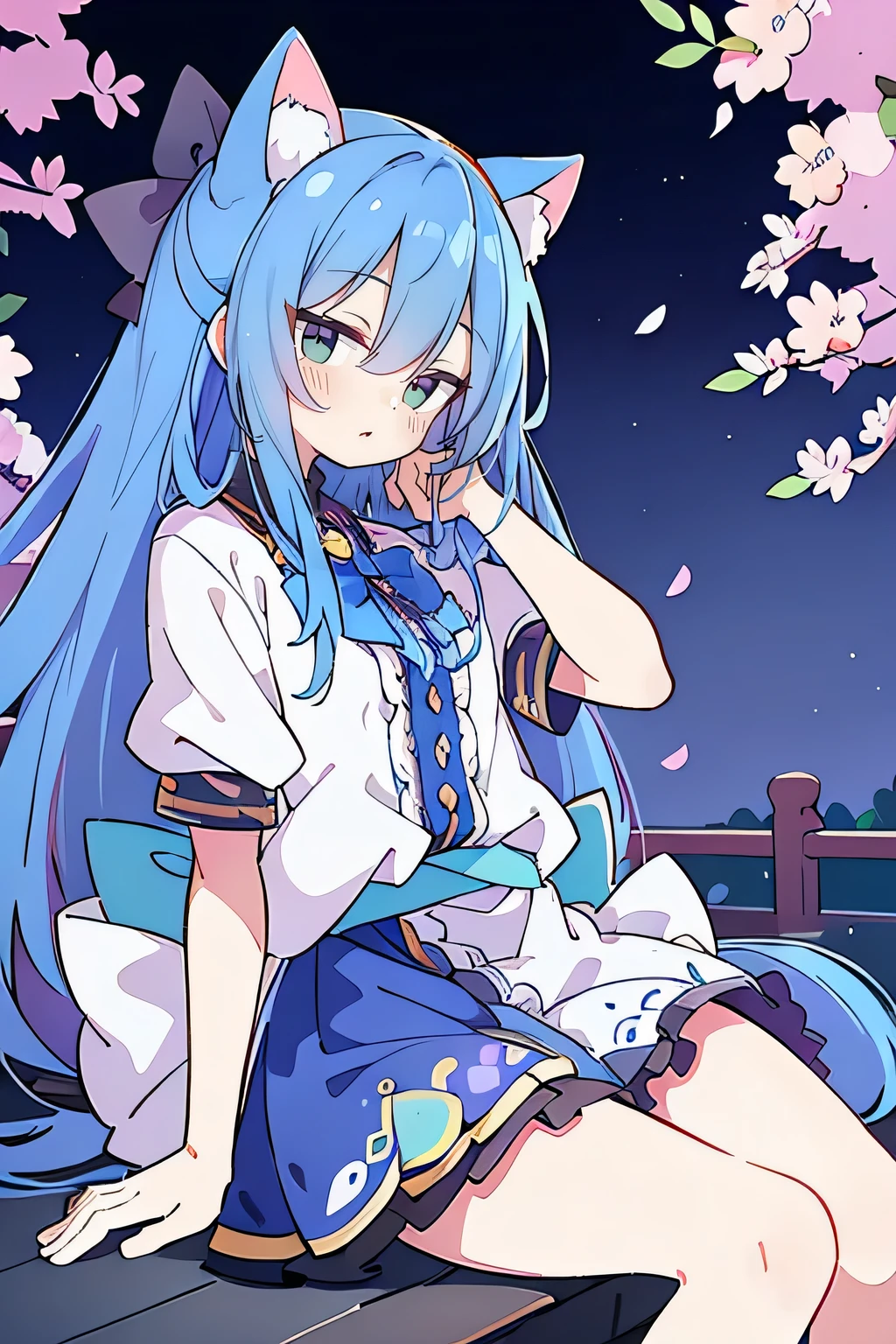 (masterpiece:1.2),ultra-detailed,realistic,expressive eyes,fair-skinned,perfectly shaped face,1girl,
Japanese cartoons,Gorgeous blue hair, flowing blue hair,floating clothes,cat ears,petals falling,beautiful Lola,Hina Angel,
hands on waist,gracefully sitting on the ground,legs crossed,gentle and serene background,cool and comfortable pavilion,night ,