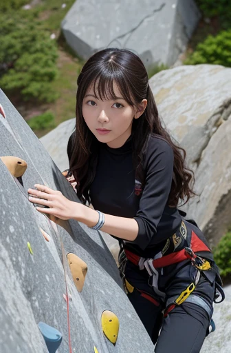 best quality, detailed, beautiful, insanely detailed, absurdres,perfect ???????,
Japanese female,black hair,27 years old,
(slender),
(small breasts best quality),
serious expression, wavy hair, on the mountain, (rock climbing scene:1.3), high angle shot