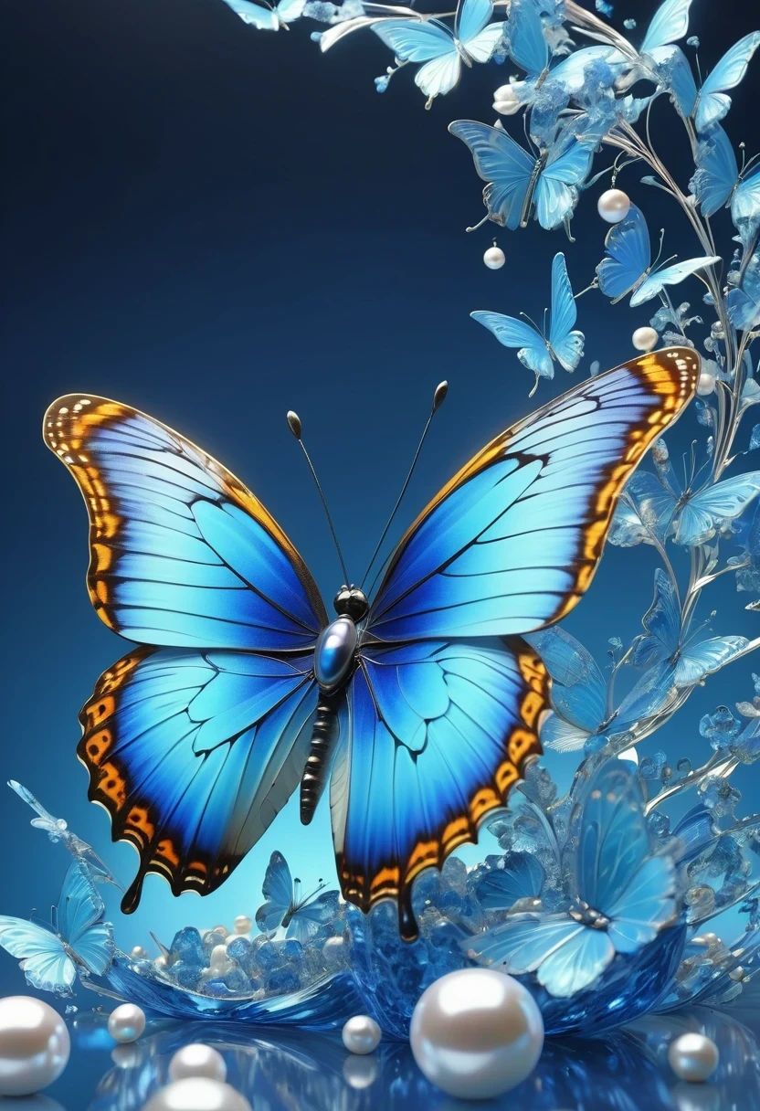 best quality,perfect masterpiece,Perfect work of art,Business,8k,Blue transparent butterfly,blue,Kaneko,Pearl hallucination,(The front is centered),(Centrosymmetric),3S Materials,HD,Detailed performance,C4D,。.3D,Octane Rendering,Ray Tracing,Intricate details,Animated Lighting,Renderer,