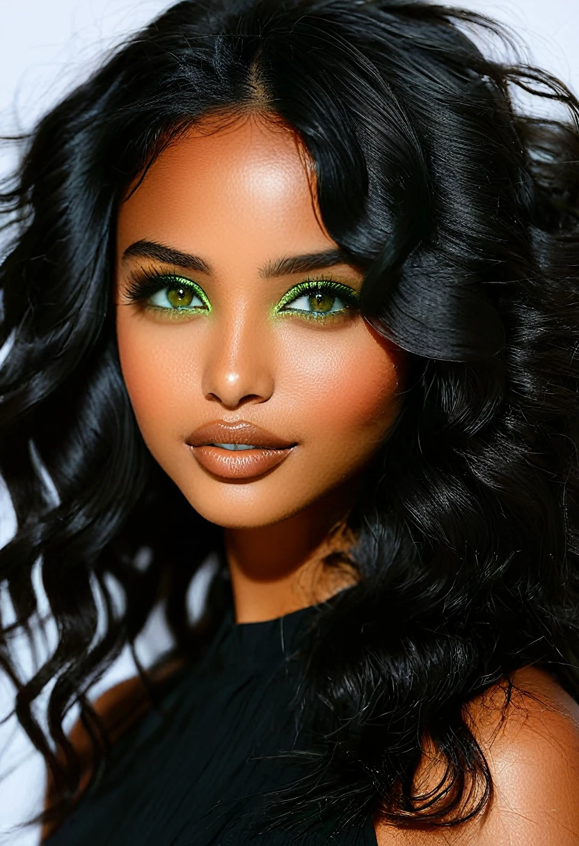 Girl with dark brown skin color, with wavy black hair and green eyes. 