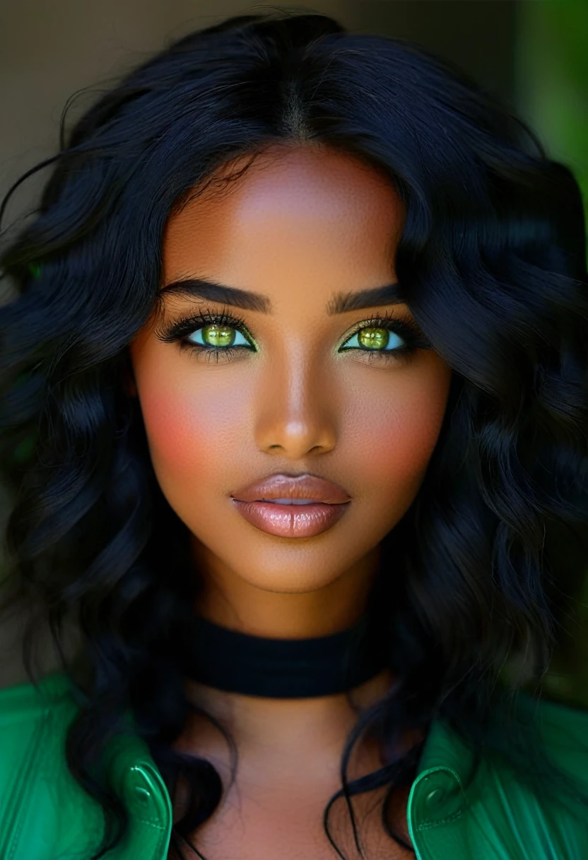 Girl with dark brown skin color, with wavy black hair and green eyes. 