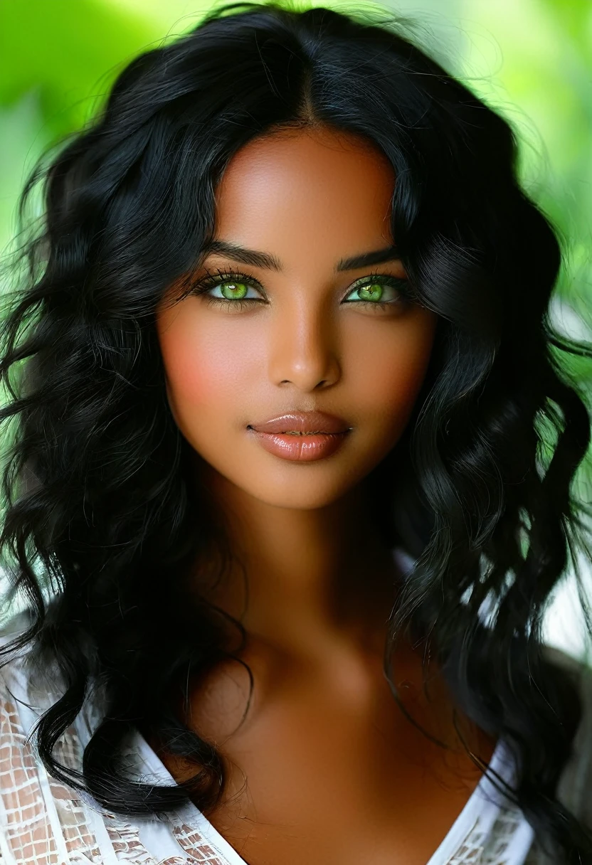 Girl with dark brown skin color, with wavy black hair and green eyes. 