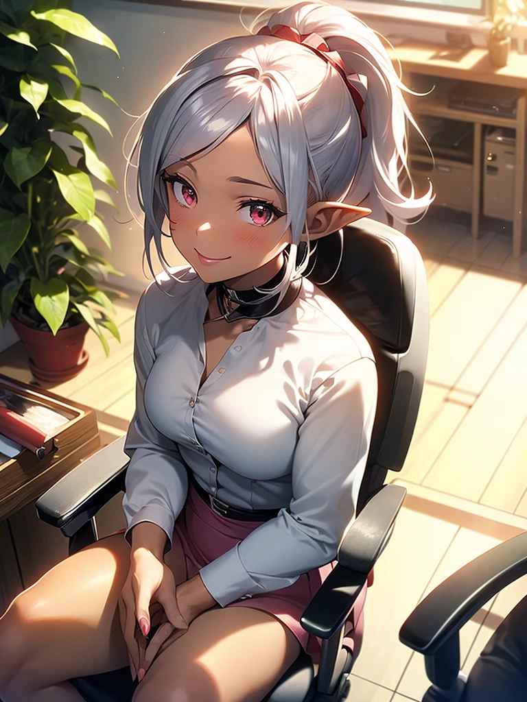 An elf woman, very dark tanned skin, beautiful silver hair, pointed ears, beautiful red eyes, thick pink lips, hair tied up with a hair tie, business suit, in the office, sitting in a business chair, upper body depiction, smiling gently, opening lips, close-up