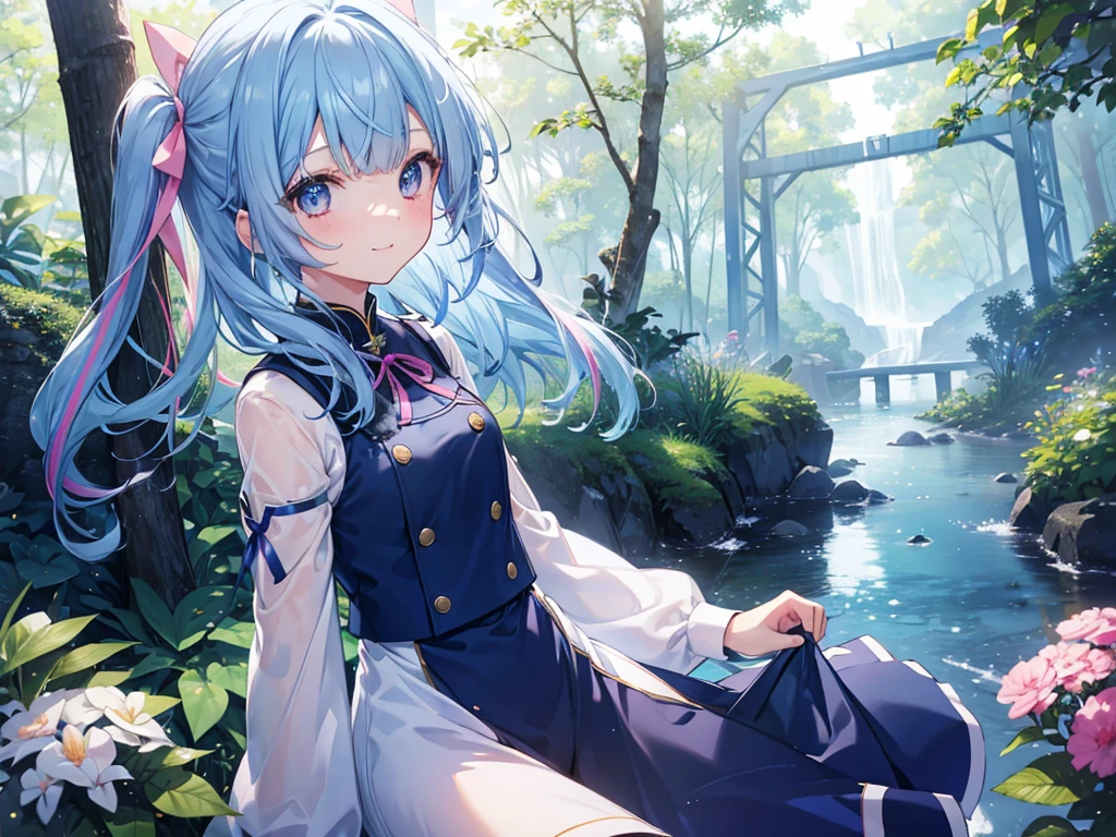 Blue Uniform, Brown eyes, Detailed eyes、Navy and light blue hair、Multicolored Hair、Inner Color、Side Tail, Straight bangs、1 girl、Happy face with blue ribbon、Pink Ribbon、Beautiful nature background、8K background、