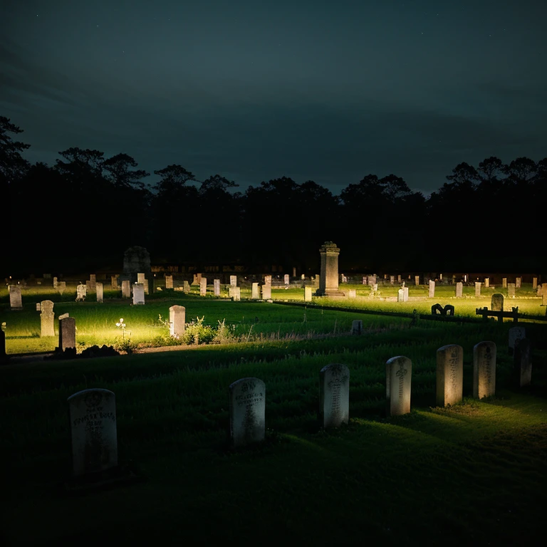 Low light photograph of ruins and cemetery at night.