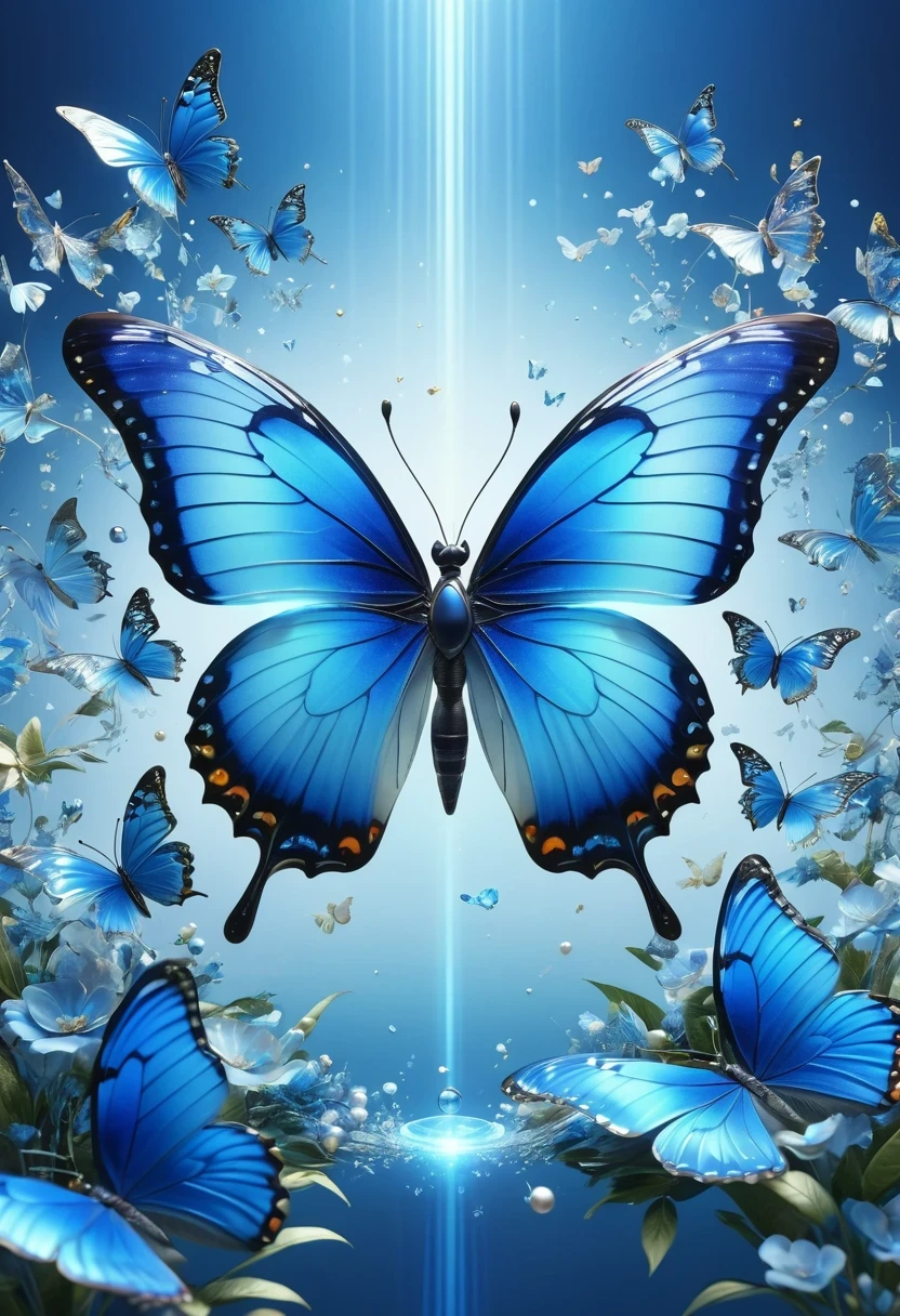 best quality,perfect masterpiece,Perfect work of art,Business,8k,Blue transparent butterfly，blue，Kaneko,Pearl hallucination,(The front is centered),(Centrosymmetric)，3S Materials,HD,Detailed performance,C4D,。.3D,Octane Rendering,Ray Tracing,Intricate details,Animated Lighting,Renderer,