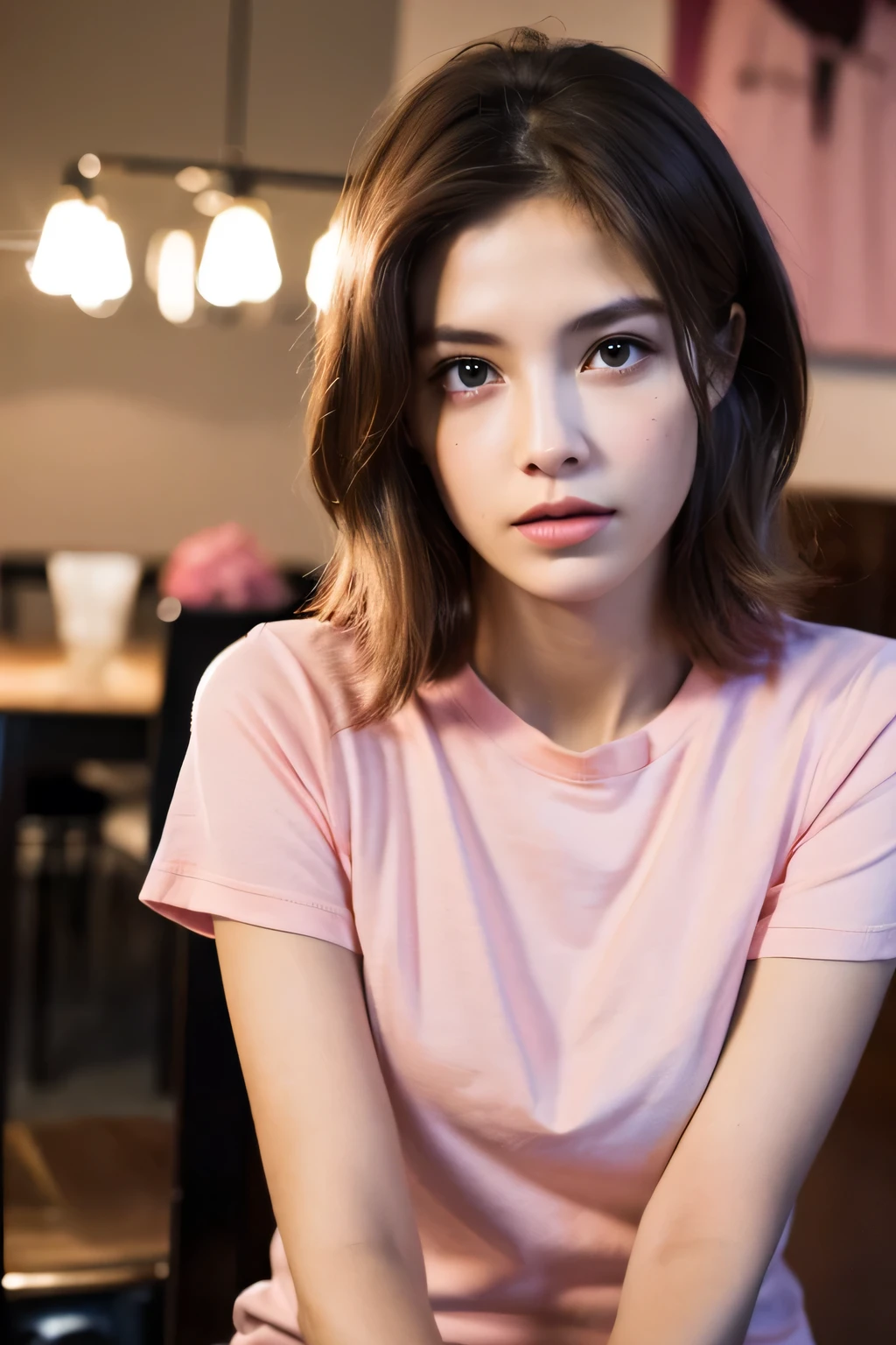 ((Realistic lighting, highest quality, 8k, masterpiece: 1.3)), concentrated: 1.2, One girl, Perfect beauty: 1.4, ((Dark brown hair)), (Pink T-shirt: 1.4), (indoor, Dining table: 1.1), (Late-night snack: 1.2), Very beautiful face, Beautiful Eyes, double eyelid,