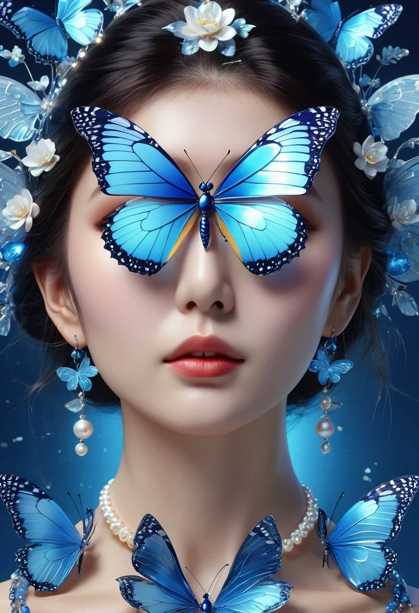 best quality,perfect masterpiece,Perfect work of art,Business,8k,Blue transparent butterfly,blue,Kaneko,Pearl hallucination,(The front is centered),(Centrosymmetric),3S Materials,HD,Detailed performance,C4D,。.3D,Octane Rendering,Ray Tracing,Intricate details,Animated Lighting,Renderer,