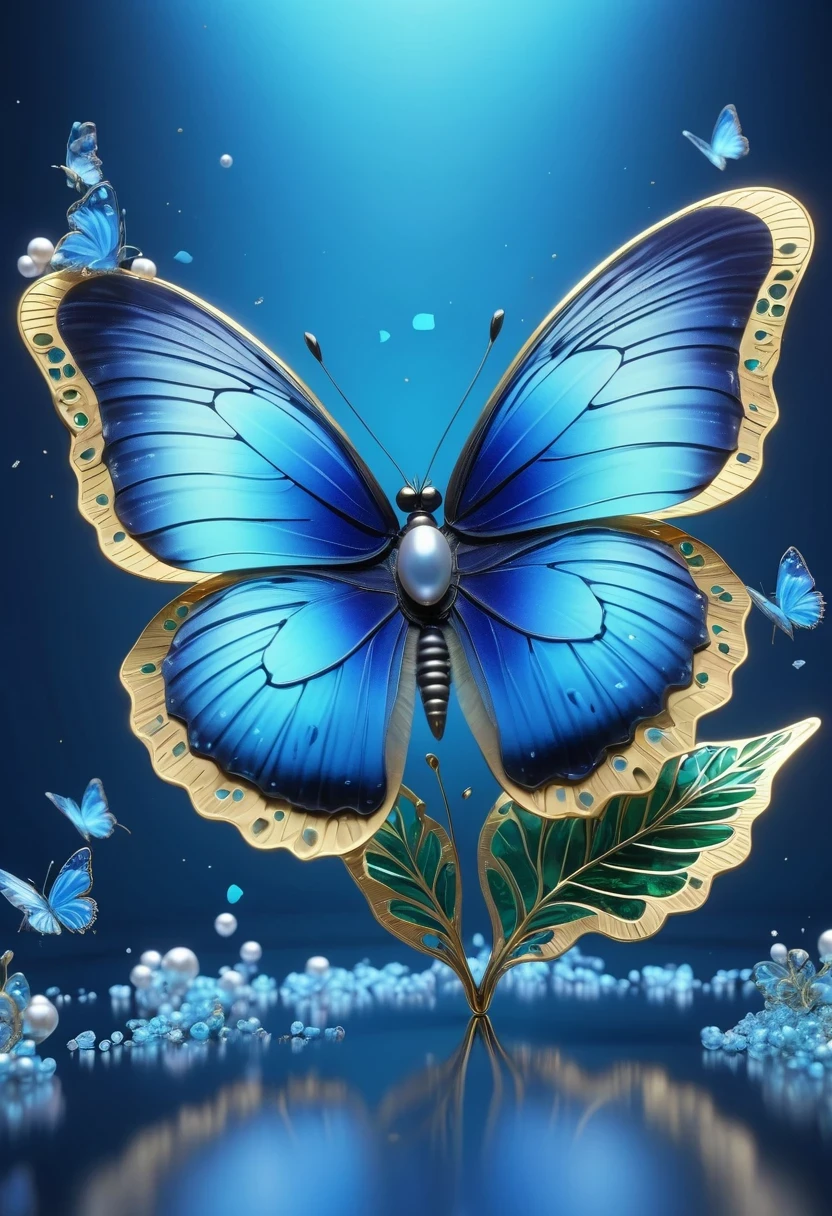 best quality,perfect masterpiece,Perfect work of art,Business,8k,Blue transparent butterfly,blue,Kaneko,Pearl hallucination,(The front is centered),(Centrosymmetric),3S Materials,HD,Detailed performance,C4D,。.3D,Octane Rendering,Ray Tracing,Intricate details,Animated Lighting,Renderer,