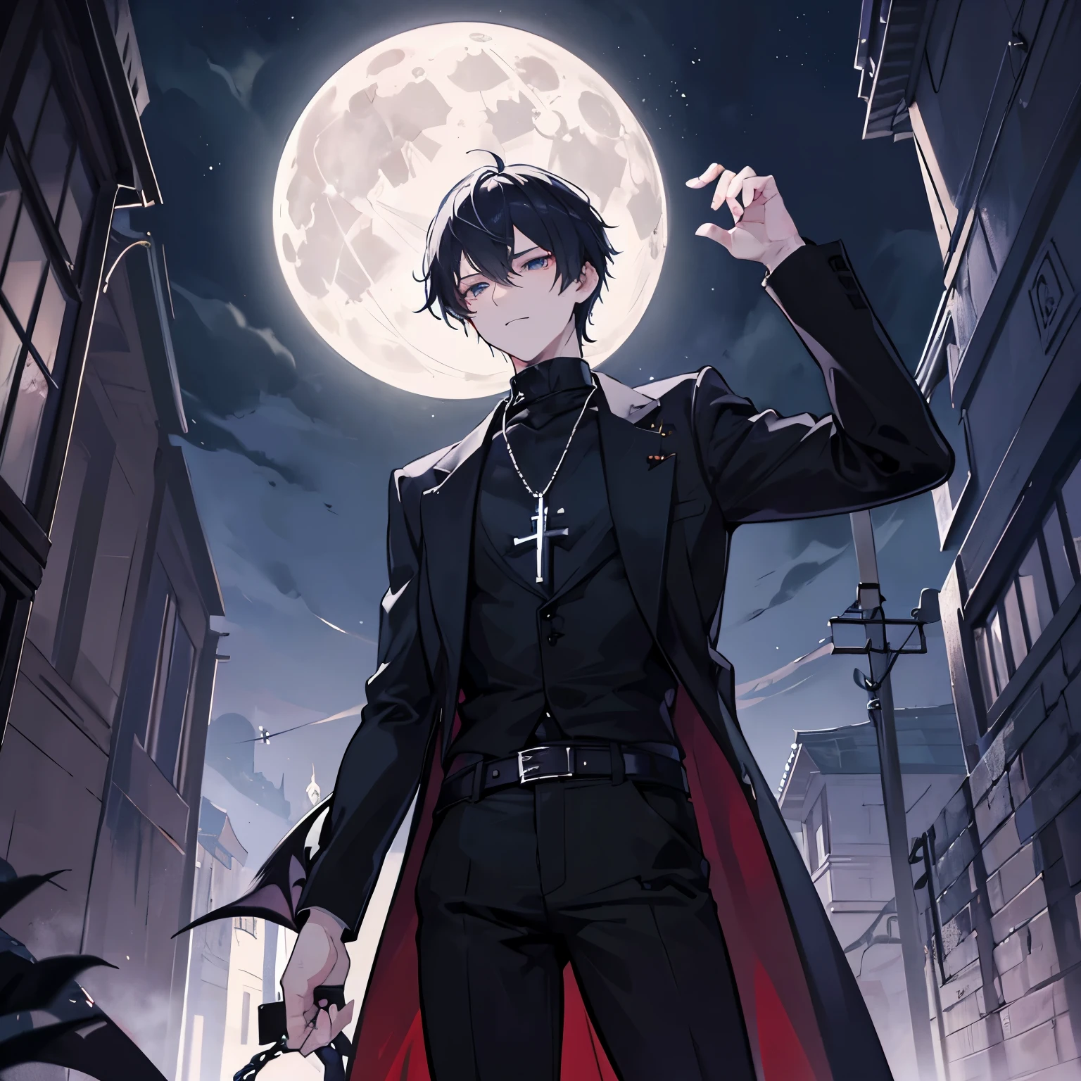 masterpiece, best quality, detailed, 1boy, male focus
alley, dark, night, full moon, from below, 
 kotomine kirei, black shirt, black pants, cross necklace, ((command spell hand)), short hair, long sleeves, black demonic face shadow behind him, evil