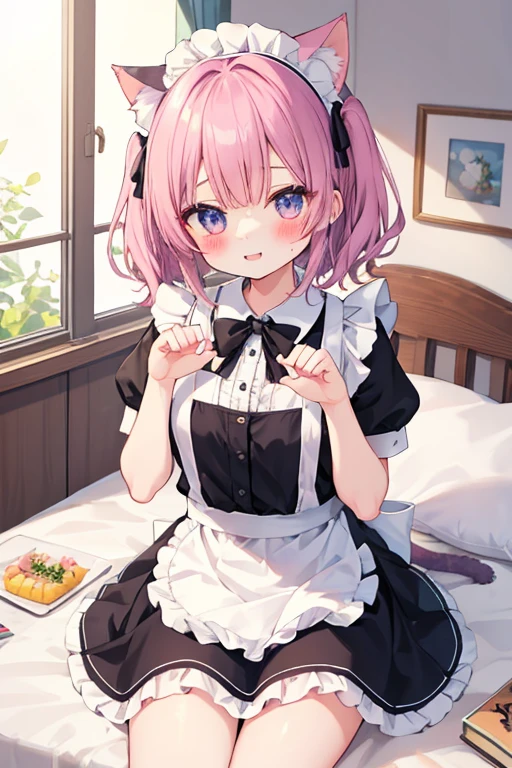 Beautiful illustrations, highest quality, かわいいgirl,beautiful girl、Clear Face、 girl、blush、Perfect hands、Thighs、Cat ear、Maid服、Maid、Frills、skirt、skirtをめくる、between legs、In underwear