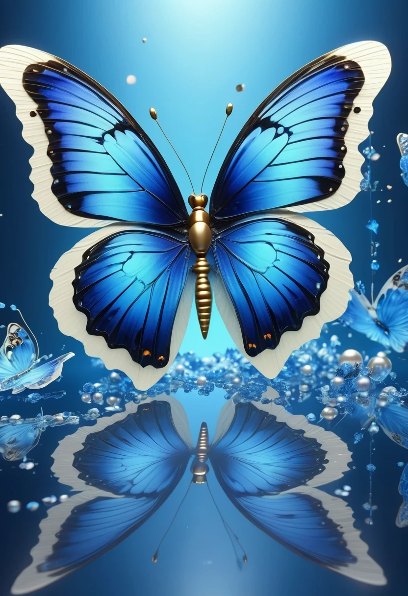 best quality,perfect masterpiece,Perfect work of art,Business,8k,Blue transparent butterfly,blue,Kaneko,Pearl hallucination,(The front is centered),(Centrosymmetric),3S Materials,HD,Detailed performance,C4D,。.3D,Octane Rendering,Ray Tracing,Intricate details,Animated Lighting,Renderer,