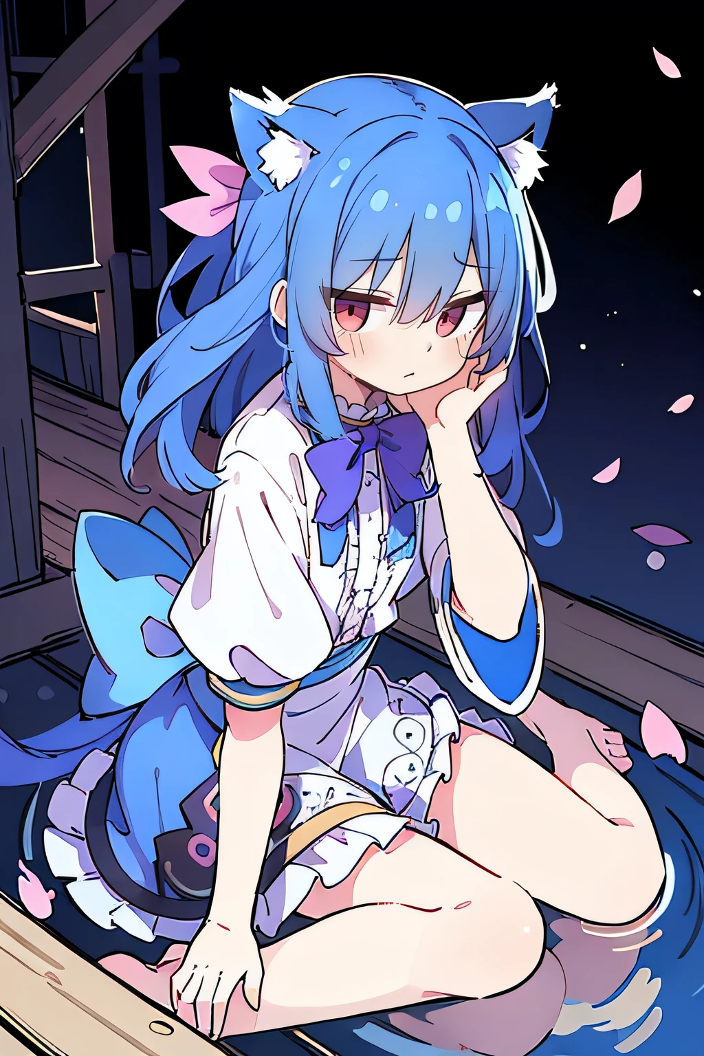 (masterpiece:1.2),ultra-detailed,realistic,expressive eyes,fair-skinned,perfectly shaped face,1girl,
Japanese cartoons,Gorgeous blue hair, flowing blue hair,floating clothes,cat ears,petals falling,beautiful Lola,Hina Angel,
hands on waist,gracefully sitting on the ground,legs crossed,gentle and serene background,cool and comfortable pavilion,night ,