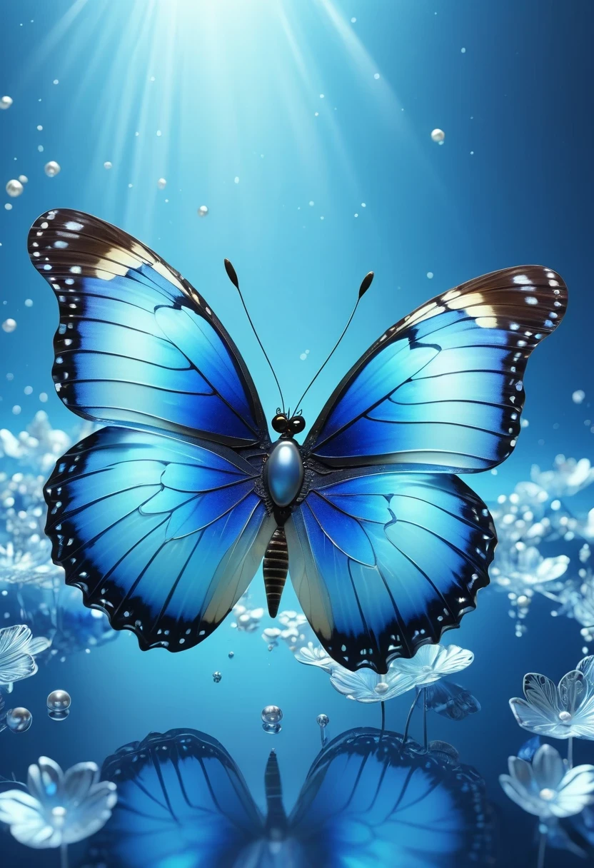 best quality,perfect masterpiece,Perfect work of art,Business,8k,Blue transparent butterfly,blue,Kaneko,Pearl hallucination,(The front is centered),(Centrosymmetric),3S Materials,HD,Detailed performance,C4D,。.3D,Octane Rendering,Ray Tracing,Intricate details,Animated Lighting,Renderer,