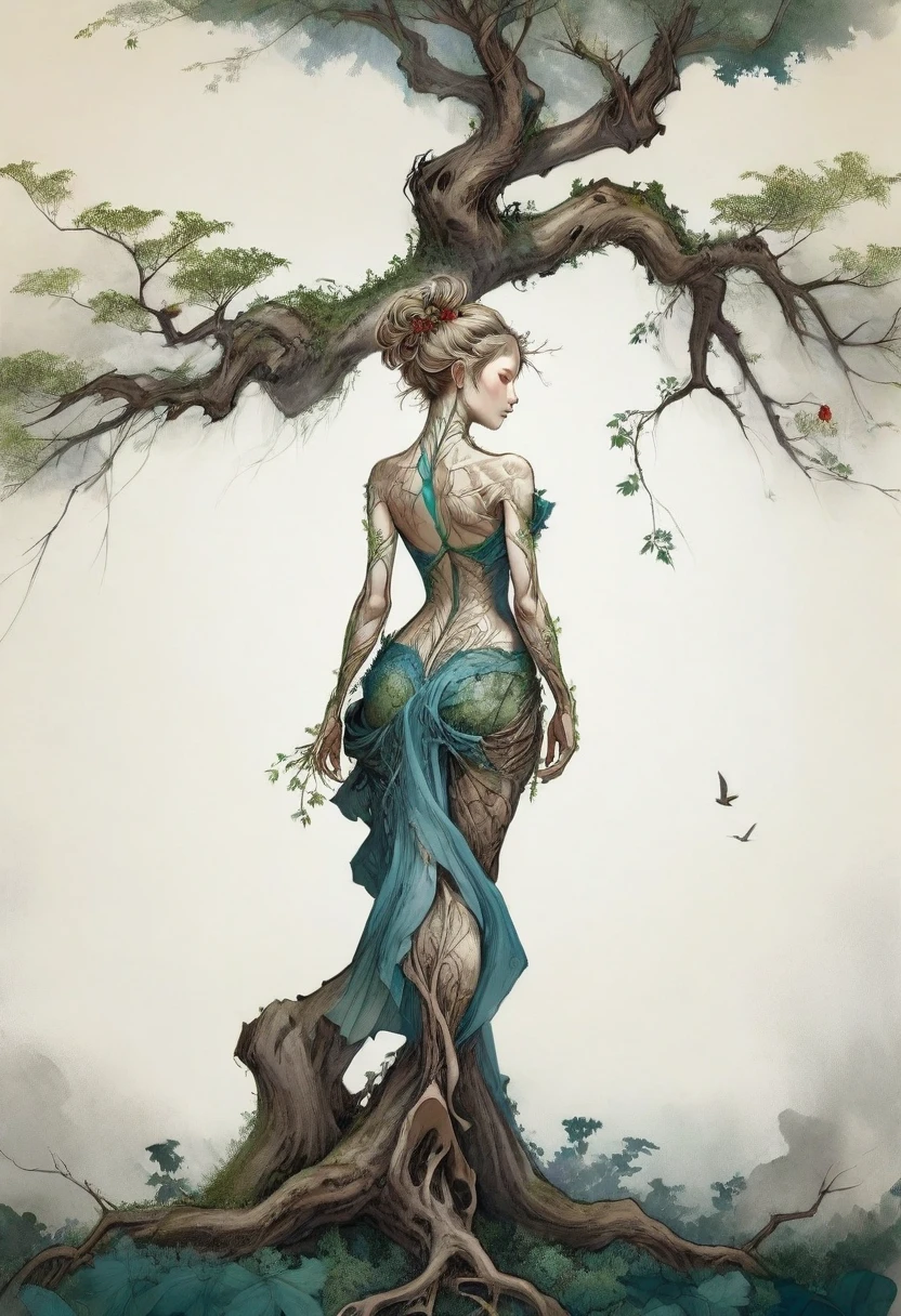 Rear view girl, growth,leaf,tree branch on head,branch,fractal, dissect, bone, (girl made of branch), ink, scenery break melting, Ink painting style, (ink splash), (bird), (red flower), Plant Maiden, covered with green moss, against the background of a tree with branches,
collarbone, girl, portrait of a girl from the back, 
leg like a branch, Ukiyo-e style, wind,
close-up girl back view, adult, [Nordic], Hourglass elongated body, (perfect Olive skin), Profile Angle, Long neck, Oval Face, bare broad shoulders, Sagittal Plane Curves, blades shoulders, spinal line, long slim arms, well trained back, Rounded Jawline, snub Nose, High Round Narrow Symmetrical Cheekbone, Dimpled Cheek, Monolid blue Eye type, long blonde Waves hair, wind hair, Attached Pointed ear, shoulder blades, Hourglass-shaped hips, fitness round ass, back dimples,  
hyperrealism, masterpiece, high resolution, best quality, ultra detailed, Hyperrealistic art, high quality, ultra high resolution, extreme detail, many details, Extremely high resolution detail, 
 the ribs of the svelet are visible, the head is deformed by a tree branch, the hand is deformed by a tree branch, the fingers are like branches, trees have grown through the body, 
smudges, tree on head, roots, branch with birds overhead, paint smudges,  
a branch grows from the ear, a branch grows from behind the head, the roots of a tree are like a spine, a river with a rock garden in the background,  symmetrical composition, colorful,