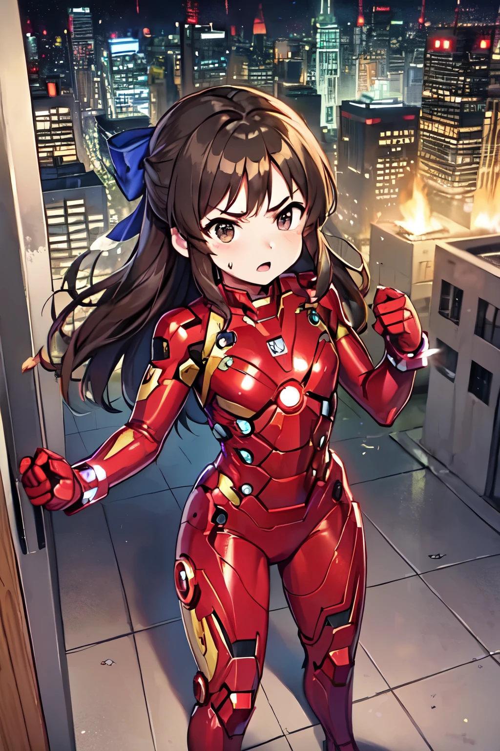 NSFW、Primary school students、child、Long Hair、((Small breasts、Small breasts、child体型、Angry、injured body、Blue ribbon))、((iron man suit))、City of night、Rooftop、Boxing stance、8 year old 、Fight the enemy、A body covered in scars、Struggled、Sweating profusely