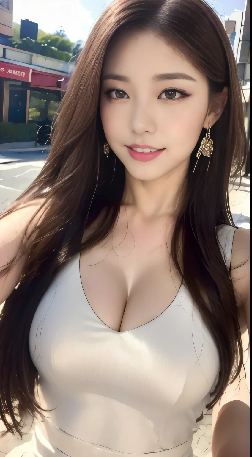 ((highest quality, 8k, masterpiece :1.3)), One Girl, Selfie, close, A very affectionate smile:1.2,Red lipstick, Slim face, Beautiful woman, Big Breasts:1.3,Pink blouse,Violet Flared Skirt,Highly detailed face, fine grain, double eyelid,  Blur the background, outside, street, sunny, Ocean, nature,Cafe, (Maximum resolution: 1.4), (Ultra high definition: 1.2), Cinematic Light, (Detailed eyesと肌), (Detailed facial features), 8k resolution, Perfect Style, Beautiful expression、Highly detailed faceと肌の質感、Detailed eyes、double eyelid、Glitter Eyeliner:1.2、((Pure white skin:1.2)),Glossy Lips:1.2、((Full Body Shot:1.2)),(Straight Hairstyles、Light brown hair)、One-length long hair、175cm,Slim Abs