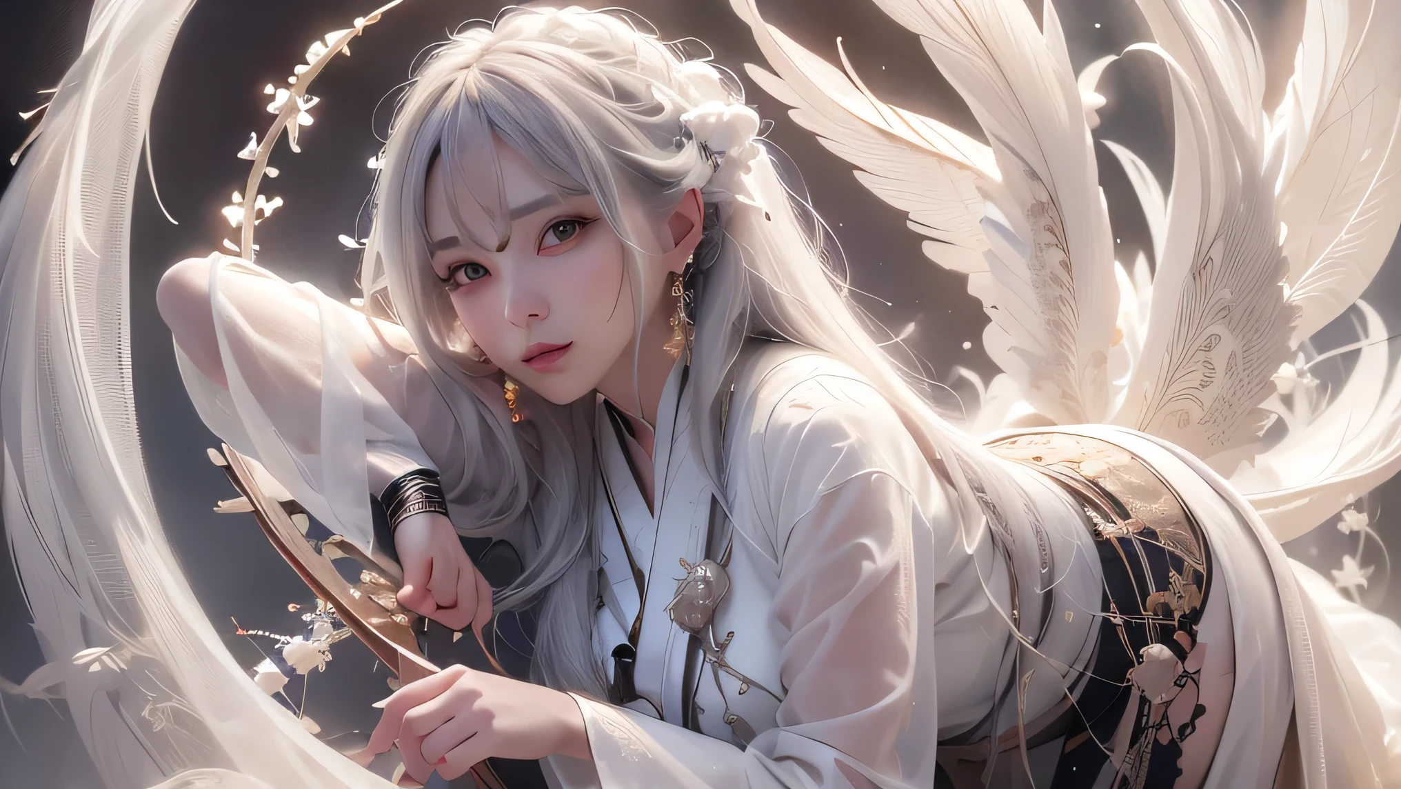 (White Wings 1.2),(White feathers falling in the background 1.1), ((masterpiece)), (detailed:1.4),Realistic、 Beautiful Woman Images,High resolution(High Dynamic Range),Ray Tracing,NVIDIA,Super Resolution,PBR Textures,Post-processing,Anisotropic Filtering,Maximum depth of field resolution and crisp layer textures,Albedo and Specular Maps,Surface Shading,Accurate simulation of material interactions,Perfect balance,Rendering with Octane,2-color light,Large Diameter,Low ISO,White balance,Rule 3 points、8K raw data、Backlight、Beautiful white and shining skin、Gray hair that changes with light、Long bangs obstruct the view、Highlights of cheek luster、Sexy and very beautiful and adorable face、The most beautiful face in the world、Super long and gorgeous white hair、Smooth straight hair、WHITE hair fluttering in the wind、big, Sparkling bright blue eyes、Beautiful Bangs、Beautiful cute girl 25 years old、Great cleavage、Beautiful dress、From the side