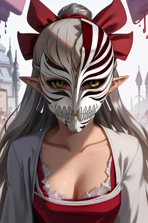 absurd,wallpaper,edgQuality,kkw skin,Overall details,high resolution,((cleveage)),((Looking at the audience)),
1 Girl,Big  Princess Zelda,Hollowing,Monster Girl,(partial facemask),(((Silver mask):1.2)),