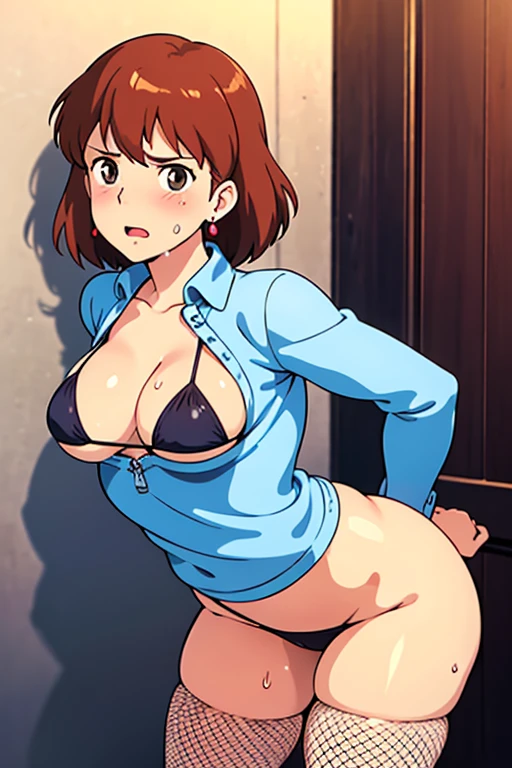 (masterpiece, highest quality, High resolution, 8k, High quality anime illustration, Realistic), Nausicaa, very cute, Sad expression, Pure, , blush, alone, Brown Hair, short hair, Red Gem Earrings, Open your mouth, Drooping tongue, Drooling, Alluring, Begging for sex, Moist eyes, Open your mouth a little, (Looking at the audience), Cleavage, Beautiful breasts, (High School Uniforms, mini skirt, Coarse Fishnet Tights,Micro bikini underwear, Thong, Coarse mesh clothing), Perfect beauty, Slim body, Sweat, Luxury hotel suites, (Perfectly detailed anatomy, Beautiful and elaborate face&eye:1.5, Shiny skin, Perfect body)、Beautiful buttocks, Put your hands behind your head, Wiggle your hips, 横eye, I want to see the whole body