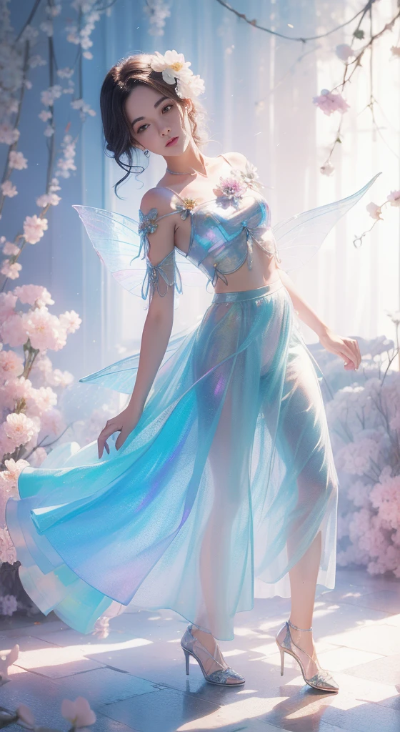 (((girl))，Long skirt，Iridescent colors，(Flower Fairy)，(Rich colors)，spring，Arthur effect, Transparent body, Gradient translucent glass melt, Caustics, Clear glass texture, Iridescent colors, design：Dietrams, Simple, Shining in every detail, White background, 工業design, Studio Lighting, c4d, OC Renderer, Beautiful shadows, 4K